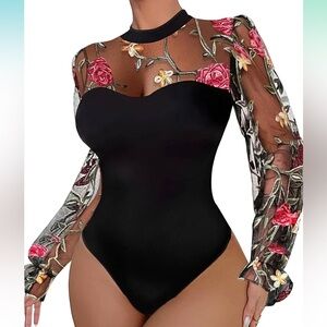 Floral Embroidered Black Bodysuit sz XL NWOT